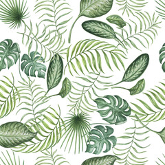 Leaves tropical jungle watercolor hand drawn illustration. Print textile patern seamless set separately on white background wildlife