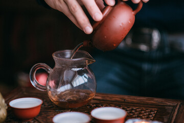 Traditional chinese red oolong tea ceremony process closeup - obrazy, fototapety, plakaty