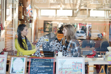 Smiling female college students studying at cafe window