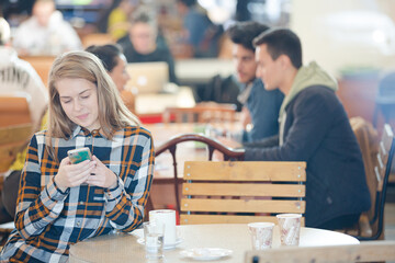 Smiling young woman using smart phone in cafe