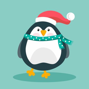 The penguin is funny, in a hat and scarf. The concept of Christmas and New Year.
