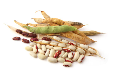 Dry beans with pods isolated on white background. Harvesting vegetable beans in autumn.