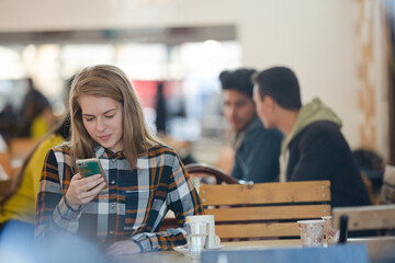 Smiling young woman using smart phone in cafe