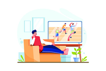 Man watching sports from streaming on TV Illustration concept. Flat illustration isolated on white background.