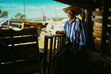 Portrait of senior male cattleman wearing hat and striped shirt standing at shed