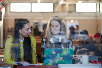 Young female college students studying at cafe window