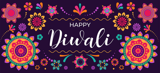Happy Diwali Hindu festival banner, greeting card. Burning diya illustration, background for light festival of India
