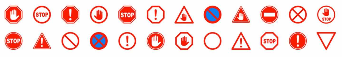 Red STOP sign.Set of prohibition sign.Stop symbol.Stop set vector sign with hand. Hand forbidden vector sign.Vector Stop hand sign. - obrazy, fototapety, plakaty