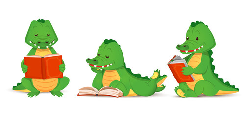 Cute green crocodile reads an interesting book, set of isolated animal alligator figurines. Vector illustration in cartoon style