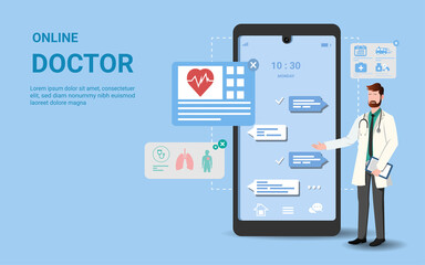 Online medical consultation on mobile app with male doctor. tele medicine, Online healthcare and medical consultation, Online diagnostics, Ask a doctor, Digital health concept. 3D vector - obrazy, fototapety, plakaty