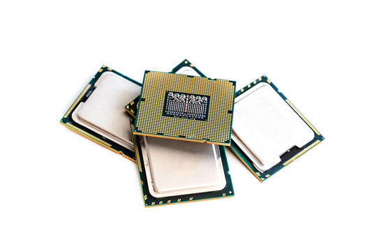cpu or Microchip Computer set with gold stroy on the background of silver chips