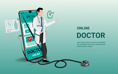 Online doctor and online tele medicine with male therapist on mobile phone. Online healthcare service, Medical consultation and treatment, Ask doctor. Digital health concept. 3D vector - obrazy, fototapety, plakaty