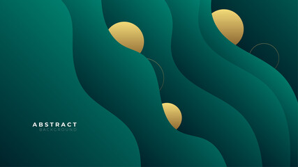 Green wave background with gold abstract geometric shapes. Modern corporate tech concept design for presentation background, banner, flier, game and more