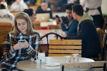 Smiling young woman using smart phone in cafe
