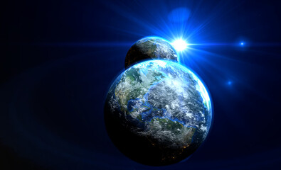Blue sunrise on the two earth rotate in space with star in universe. World realistic atmosphere 3D volumetric clouds texture surface.  Elements of this image are furnished by NASA