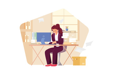 Girl busy at the workplace Illustration concept. Flat illustration isolated on white background.
