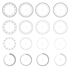 Round clock faces. Vintage watch , stopwatch and 12-hour round dial. Deadline stopwatch dial. Collection of isolated vector symbols on a white background