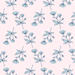 Floral seamless pattern. Beautiful botanical repeat texture with branches, leaves and flowers for print, fabric, textile, wallpaper in soft colors. Hand drawn ink illustration in line art style.