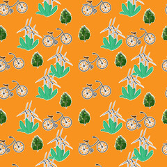 Seamless pattern with bicycles, windmills and trees