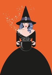 Beautiful witch wearing hat and black dress holding a magic cauldron casting a spell.