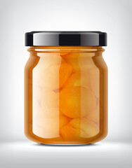Glass Jar with Apricot Jam on Background. 