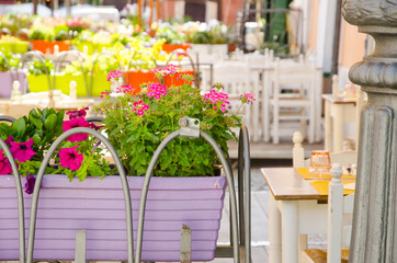 Street furniture. A vase of flowers decorates the exterior of a restaurant