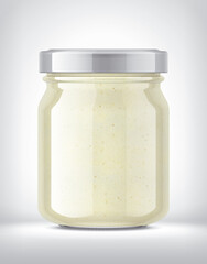 Glass Jar with Sauce on Background. 