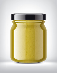 Glass Jar with Mustard on Background. 