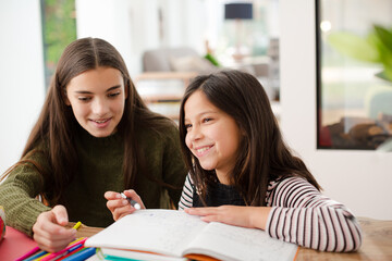 Girl helping young sister with homework