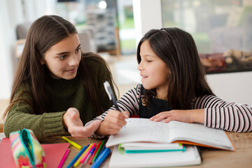 Girl helping young sister with homework