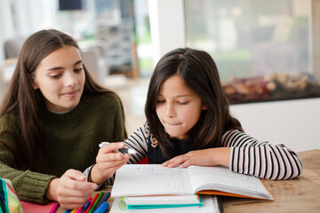 Girl helping young sister with homework