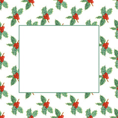Holly frame wotercolor illustration. Merry Christmas and Happy New Year. Perfect for invitations, blogs, print, greeting cards, poster.