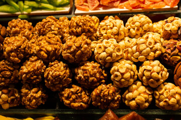Closeup of candies with various types of nuts