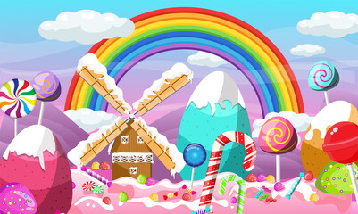 Christmas candy land landscape design with rainbow 