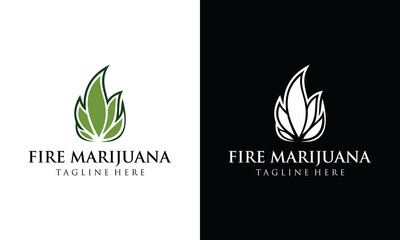 green marijuan, weed sign on fire hot flame cannabis hemp logo icon design vector illustration in modern flat simple minimal style - obrazy, fototapety, plakaty