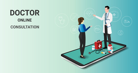 smartphone screen with male doctor and  female patient. Online doctor, online medical consultation, tele medicine, Online healthcare and medical consultation. Digital health concept. 3D vector - obrazy, fototapety, plakaty