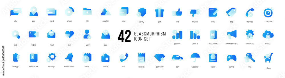 Fototapete a set of blue vector icons of modern trend in the style of glass morphism with gradient, blur and tr