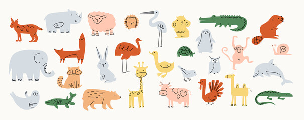A set of simple animal: sheep, rhinoceros, lynx, crocodile, beaver, camel, goose, dolphin, raccoon, hedgehog, giraffe, hare, turkey, cow, fox, bear, penguin and other