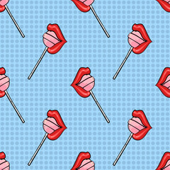 Sexy lips with lollipops. Seamless candy pattern in retro style.