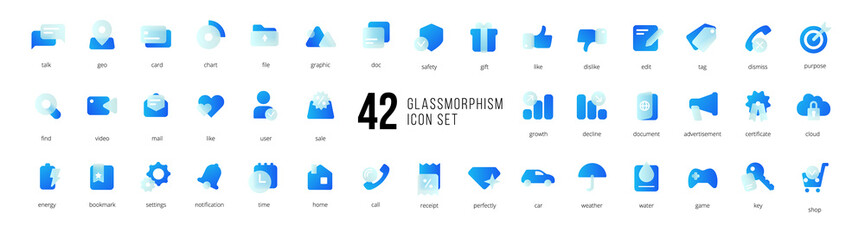 A set of blue vector icons of modern trend in the style of glass morphism with gradient, blur and transparency. The collection includes 42 icons in a single style of business, finance, UX UI - obrazy, fototapety, plakaty