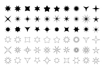 Set of different black and linear stars. Star shaped vector design elements