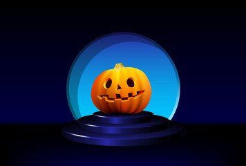 Halloween pumpkin smiling on the dark pedestal. Autumn holiday greeting card template with spooky Jack on the blue stage