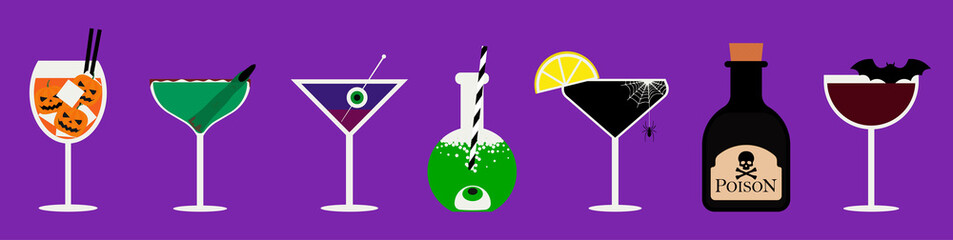 Set of Halloween cocktails. An illustration of seasonal drinks in different types of glasses. Vector illustration of spooky cocktails.