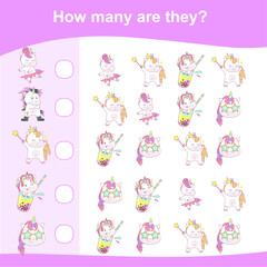 Fototapeta na wymiar Counting unicorn game for children. Cute unicorn math worksheet. Unicorn math game. Educational printable math worksheet. Preschool Education. Vector illustration.