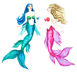 Mermaids with blue long hair and blonde, isolated on white watercolor illustration