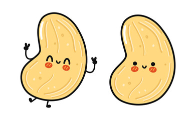 Funny cute happy cashew characters bundle set. Vector kawaii line cartoon style illustration. Cute cashew mascot character collection