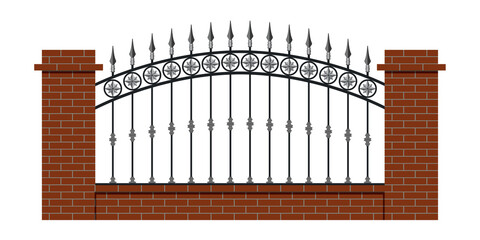 Classic Iron Fence With Red Brick Pillars. Vintage. Vector. Wrought Iron Railing. Decor. Luxury Modern Architecture. Ornamental Fence. Palace. City. Street. Park. Blacksmithing.