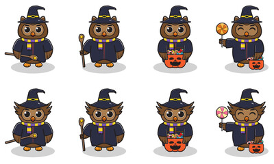 Obraz premium Vector illustration of cute Owl with Wizard costume. Owl character vector design. Good for label, sticker, clipart.