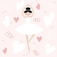 Vector illustration of cute ballerina girl with heart on pink background for cute postcard, logo, for the design of a children`s room, for invitations, greeting cards, business card