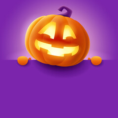 3D illustration of cute glowing Jack O Lantern orange pumpkin character with big blank signboard on purple background. Wide copy space for design.